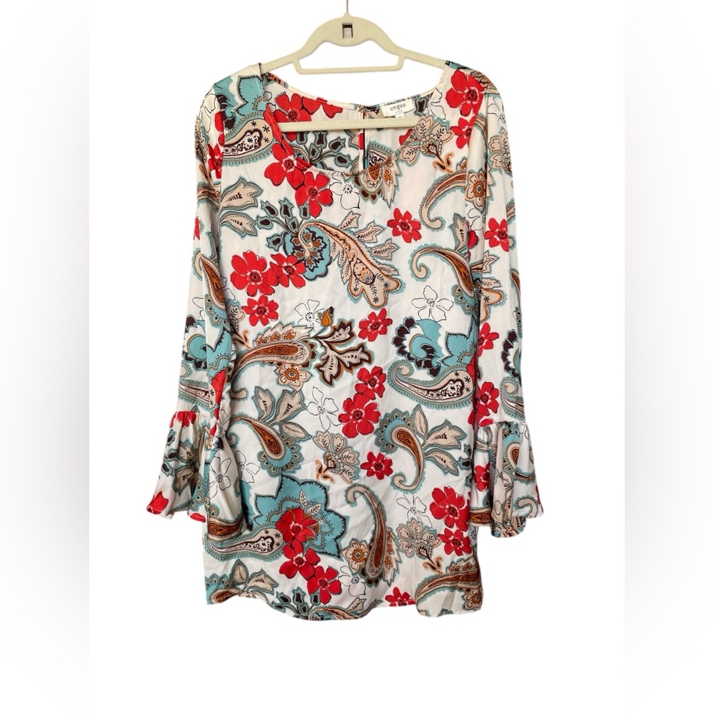 Umgee Red and Teal Floral Paisley Bell Sleeve Dress/ Tunic Size Small